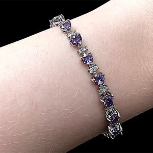 Purple Rhinestone Heart Tennis Bracelet Silver Tone 8.25”